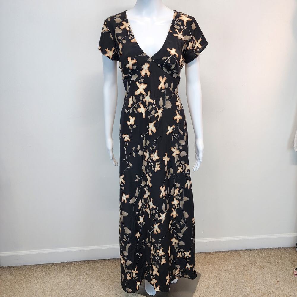Vintage Dark Floral Maxi Dress Size 9 V-neck Cottage Flowy 90s Jonathan Martin